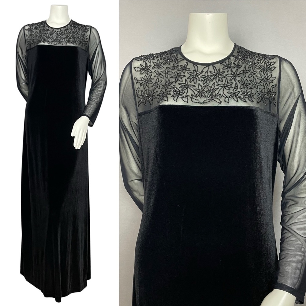 Vintage Velvet Dress Beaded Mesh Neckline Long Sleeves Maxi Formal Dramatic Gala